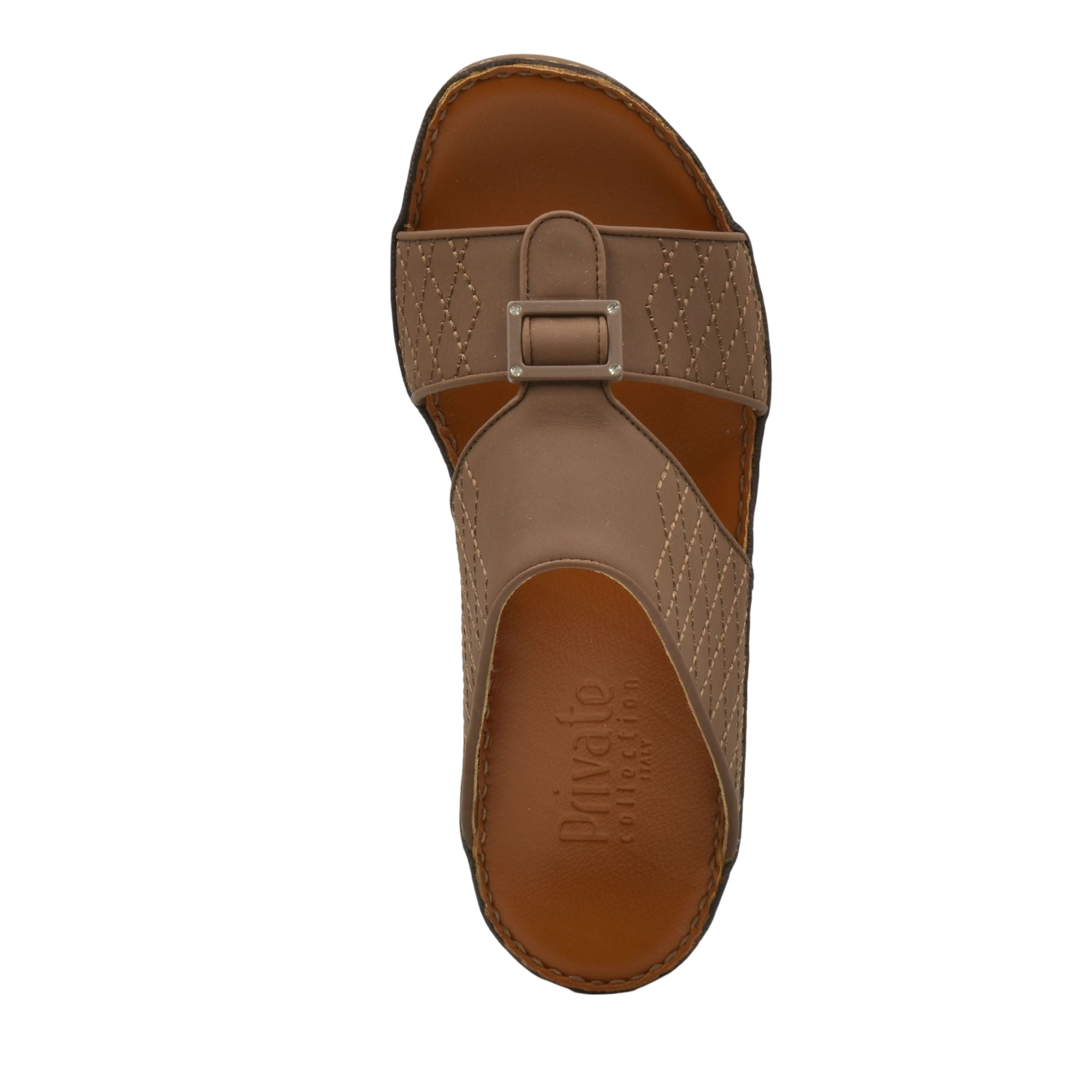 Top view of luxury calf leather sandals in brown with stitched detailing and buckle strap