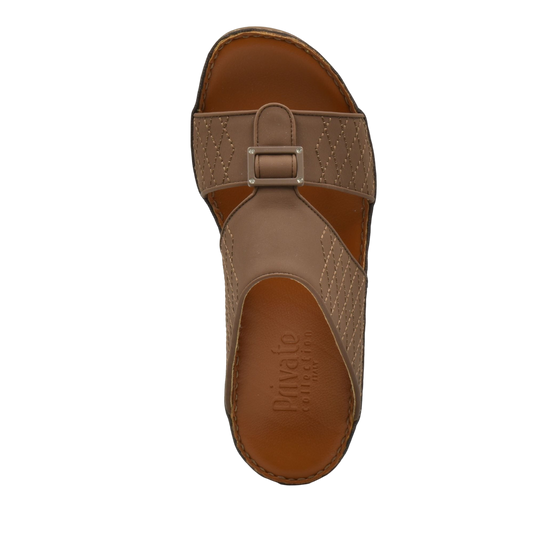 Top view of luxury calf leather sandals in brown with stitched detailing and buckle strap