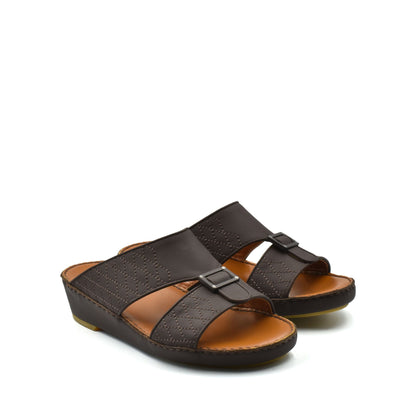 Pair of black luxury calf leather sandals with buckle detail and comfortable wedge sole