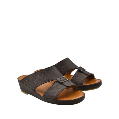 Pair of black luxury calf leather sandals with buckle detail and comfortable wedge sole