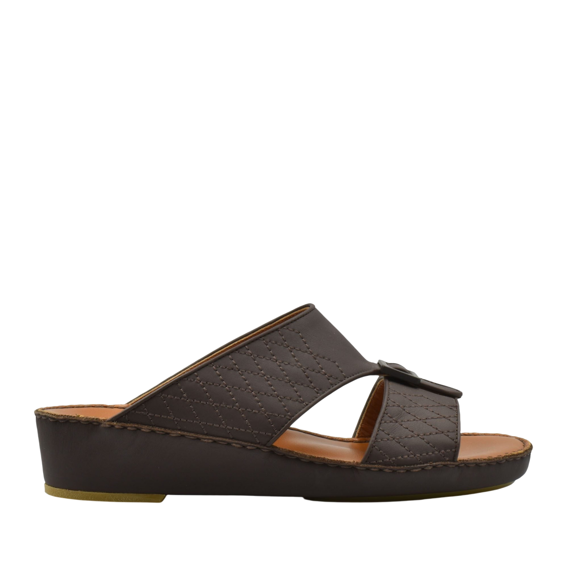 Dark brown luxury calf leather sandals with quilted straps and low wedge heel from private collection