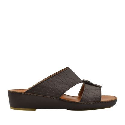 Dark brown luxury calf leather sandals with quilted straps and low wedge heel from private collection