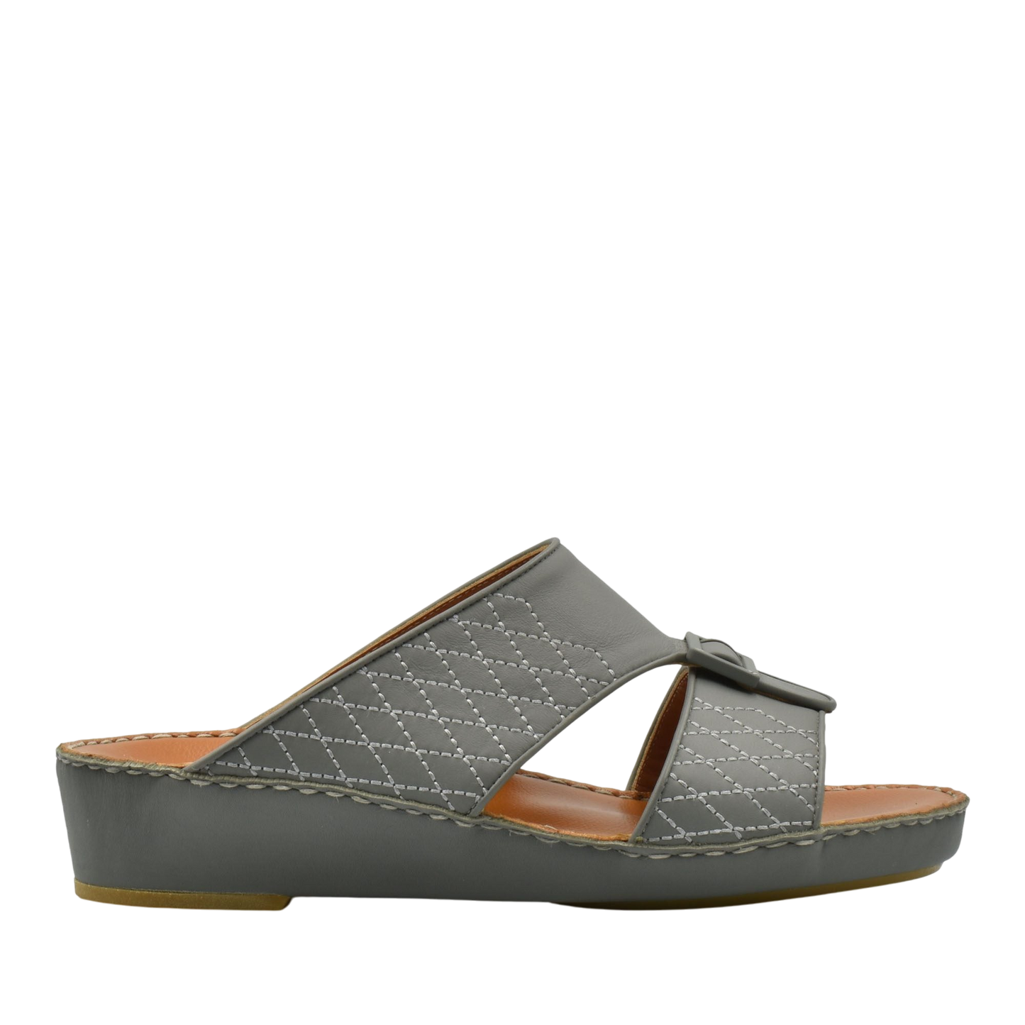 Gray luxury calf leather sandals with quilted stitching and adjustable buckle on wedge sole