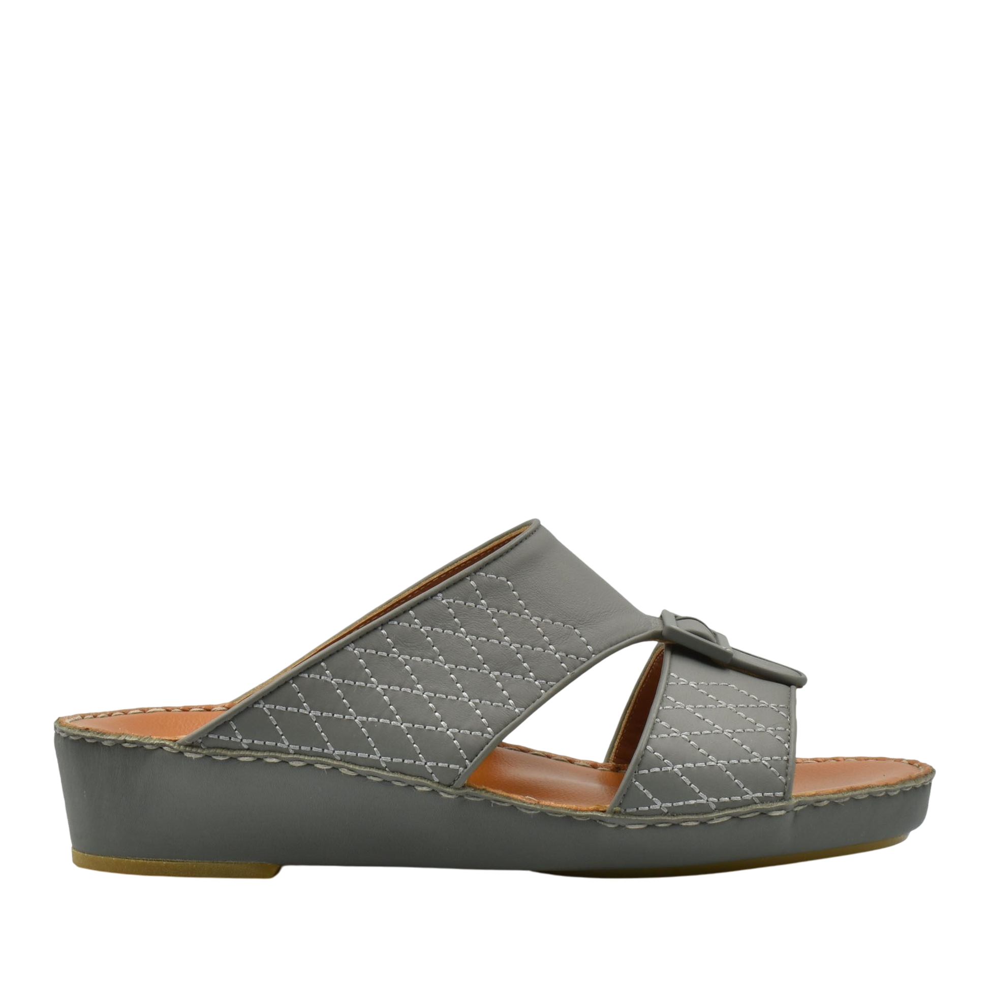 Gray luxury calf leather sandals with quilted stitching and adjustable buckle on wedge sole