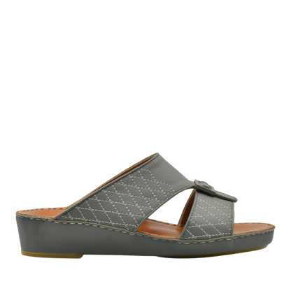 Gray luxury calf leather sandals with quilted stitching and adjustable buckle on wedge sole