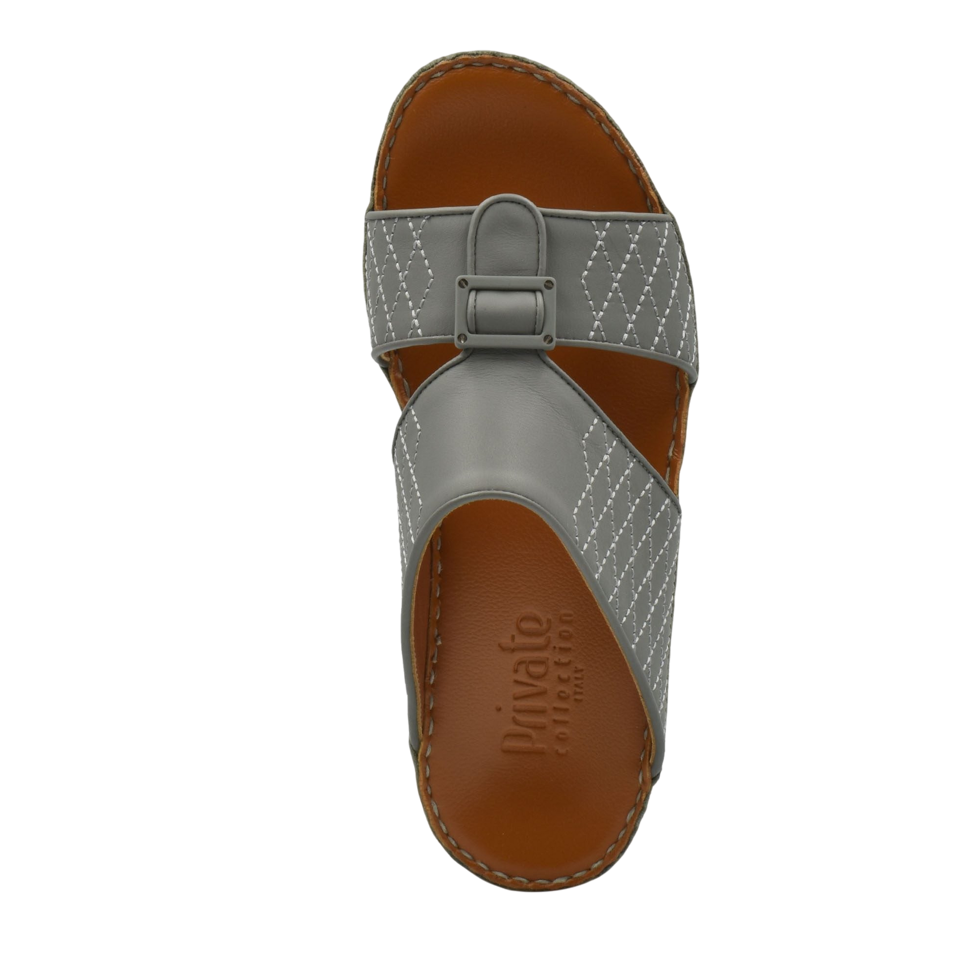 Top view of luxury calf leather sandals in gray with stitched detailing and buckle from Private Collection
