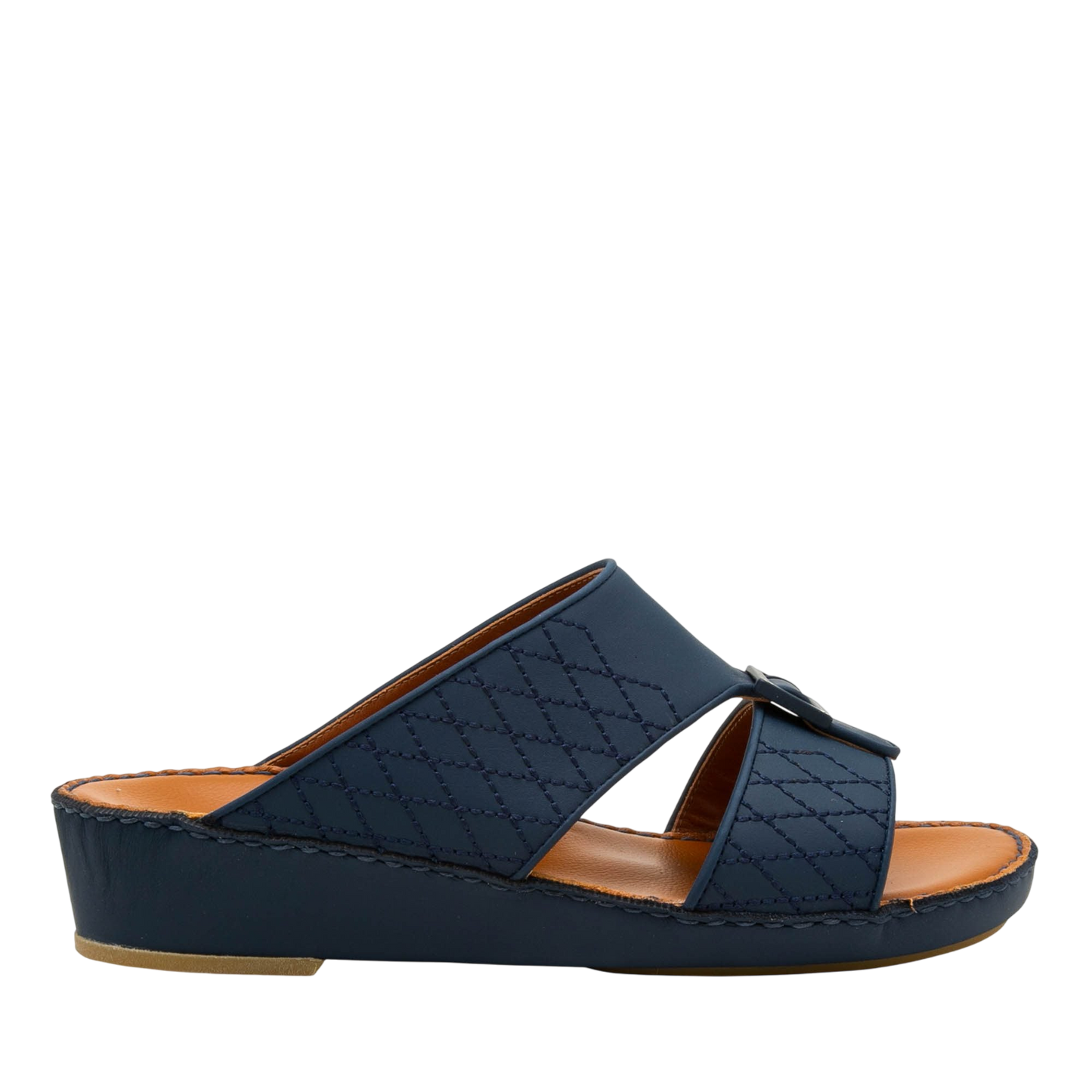 Navy blue luxury calf leather sandals with quilted straps and cushioned tan footbed