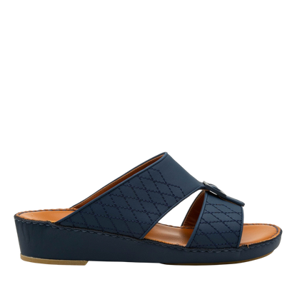 Navy blue luxury calf leather sandals with quilted straps and cushioned tan footbed