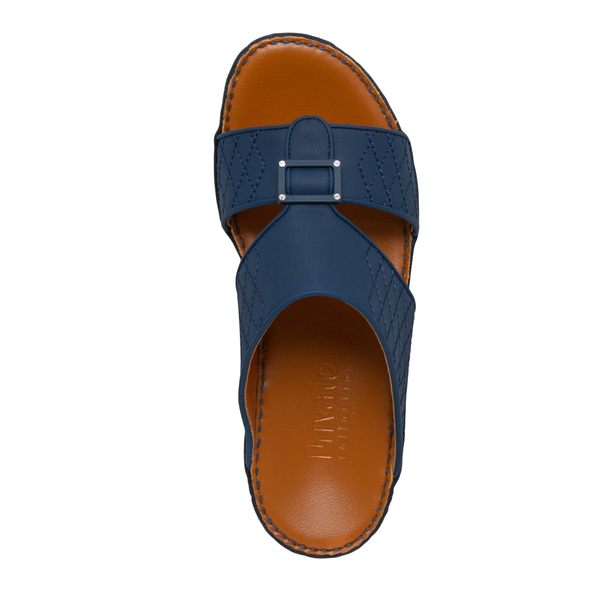 Luxury calf leather sandals in navy blue with stitched straps and a buckle detail