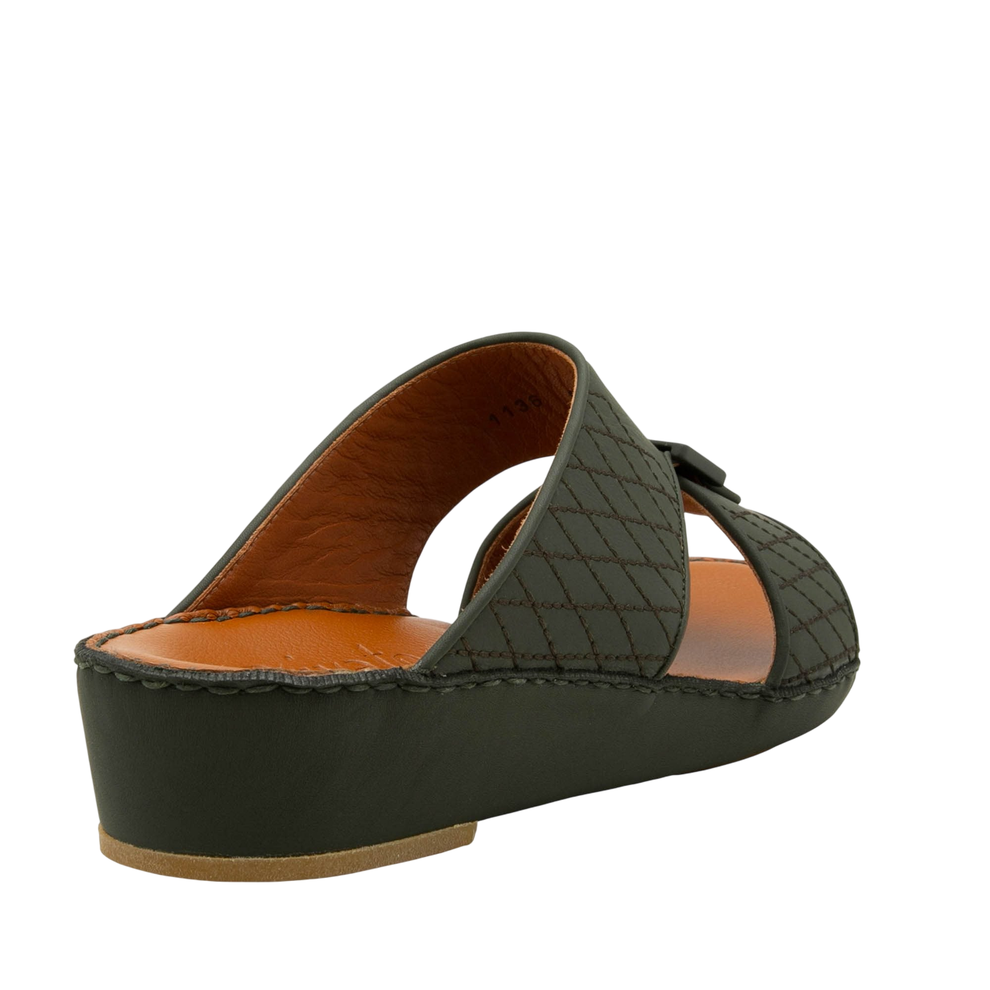 Luxury calf leather sandals in dark olive with quilted strap and cushioned sole from private collection