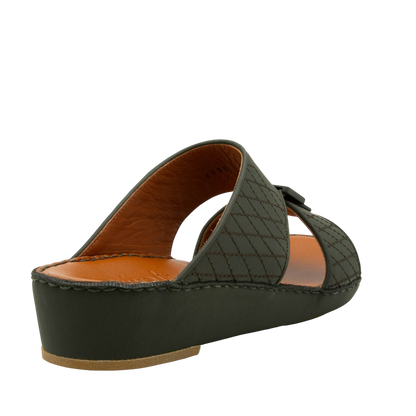 Luxury calf leather sandals in dark olive with quilted strap and cushioned sole from private collection