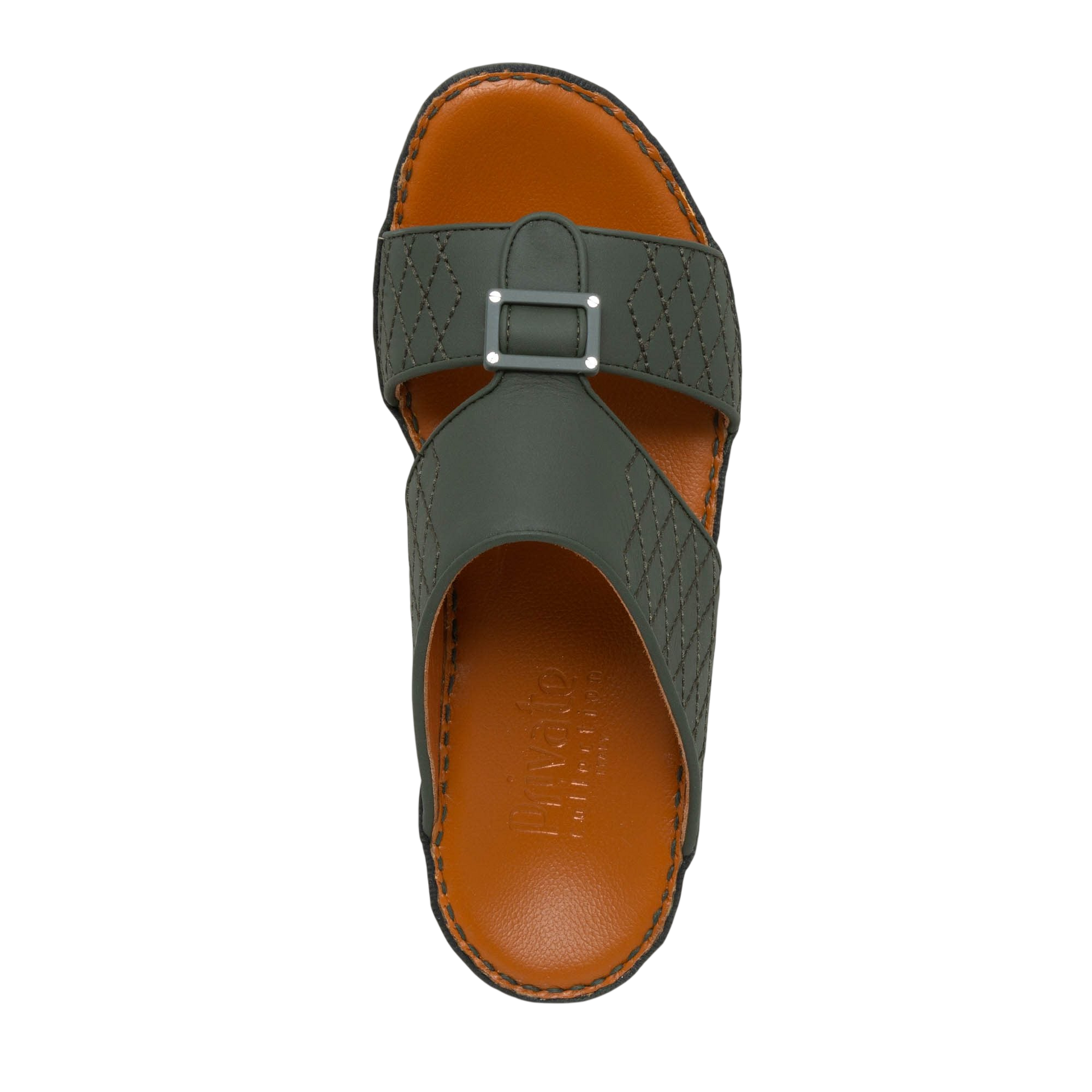 Top view of luxury calf leather sandals in gray with adjustable buckle and brown cushioned sole
