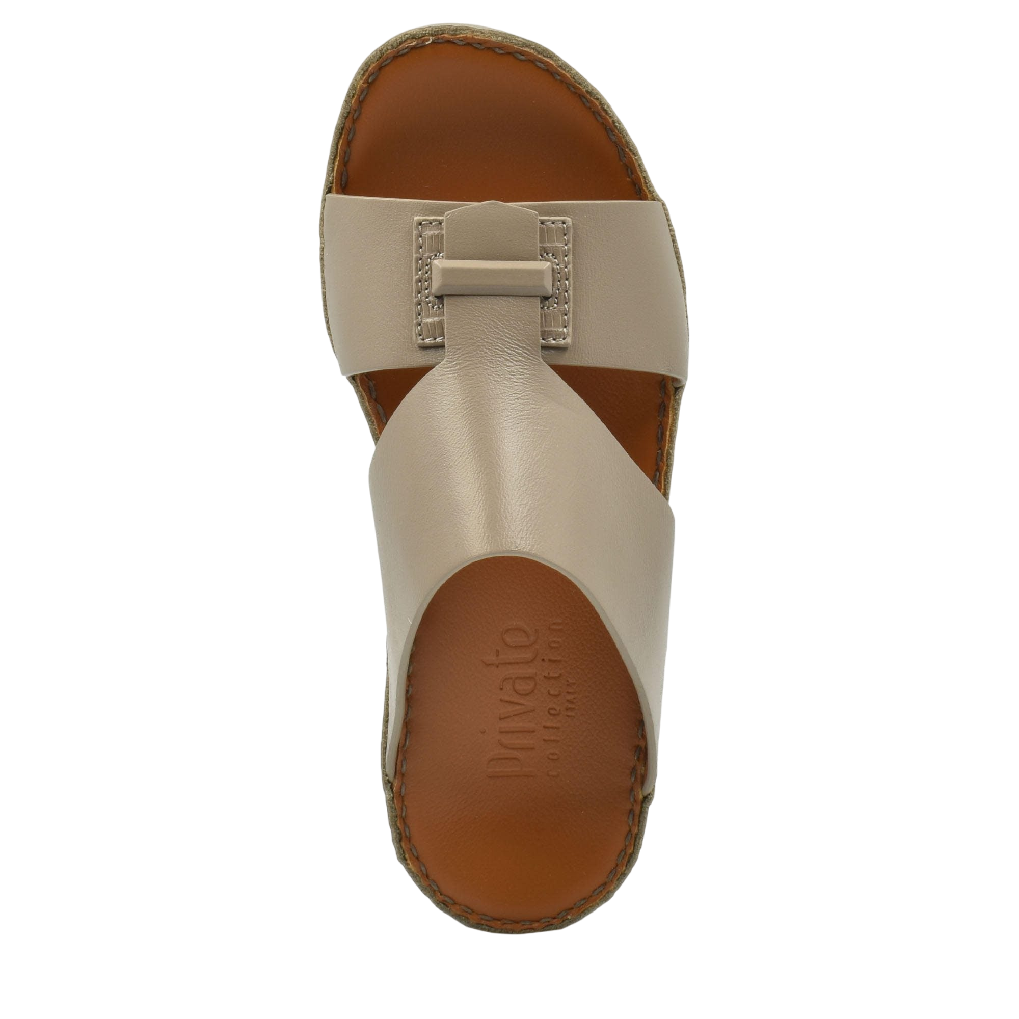 Top view of beige luxury leather sandals with stitched edges and cushioned footbed