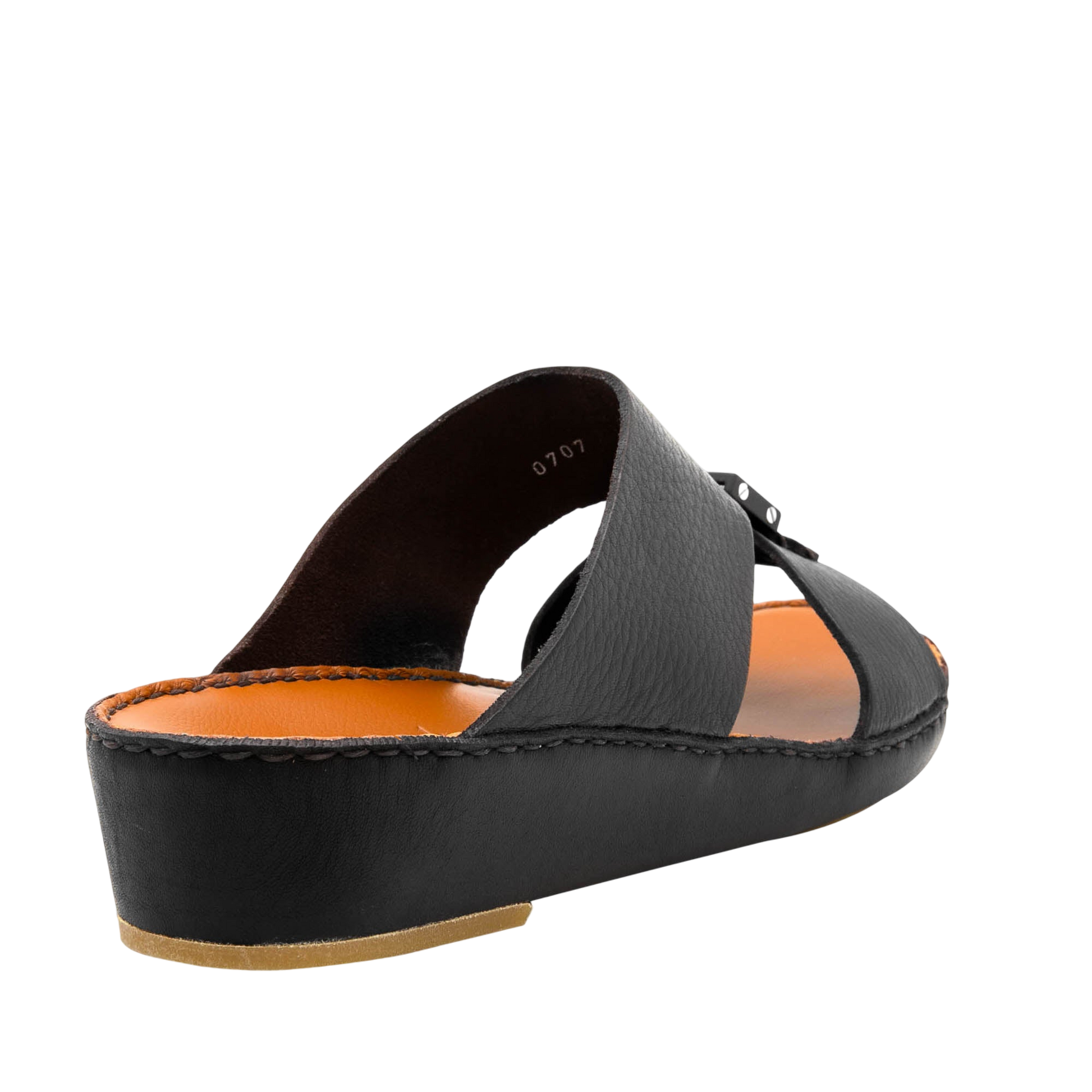 Black luxury leather sandals with cushioned insole and low wedge heel from Private Collection