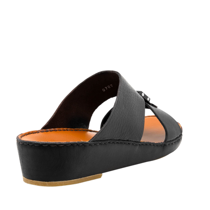 Black luxury leather sandals with cushioned insole and low wedge heel from Private Collection