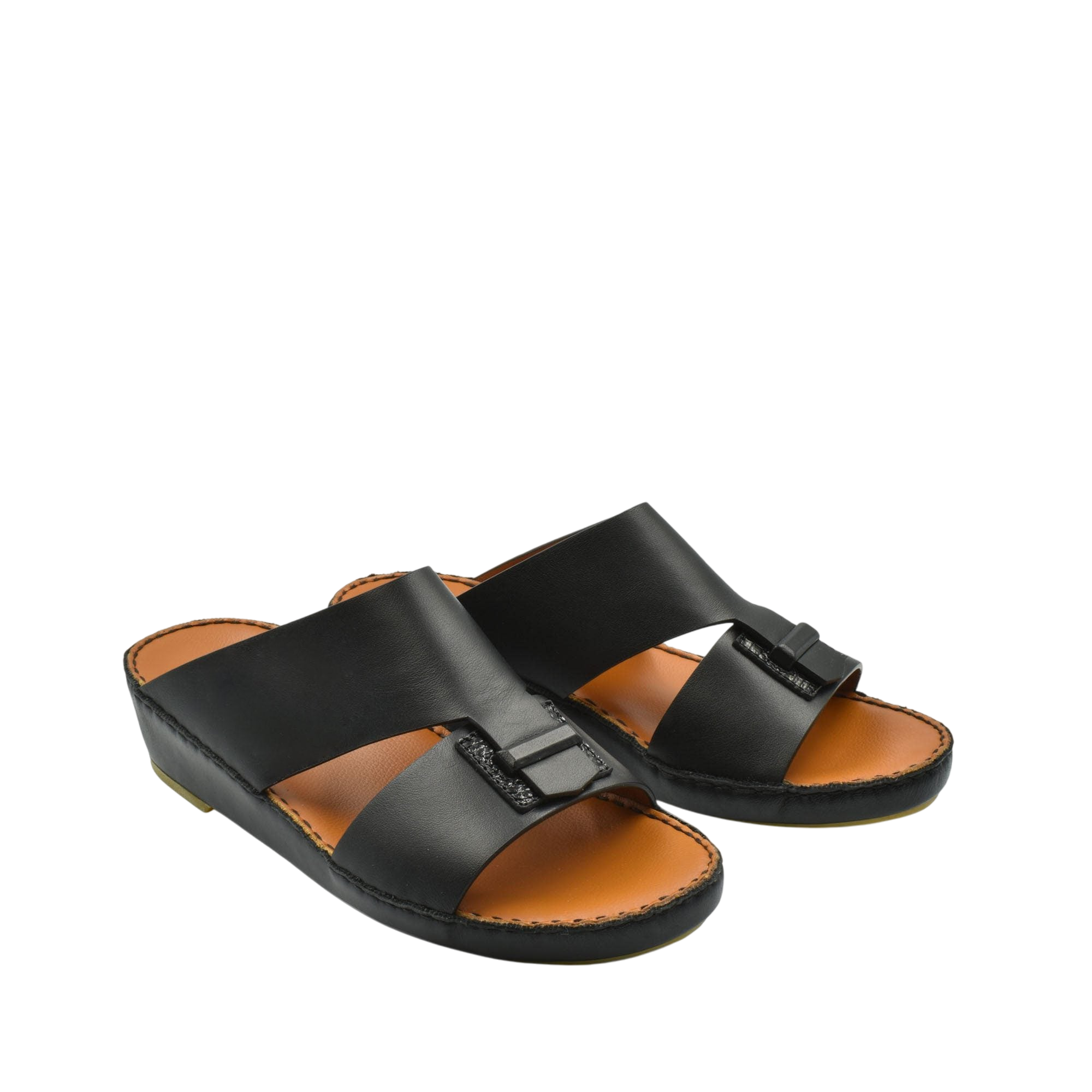 Black luxury leather sandals with wide straps and cushioned tan footbed from private collection