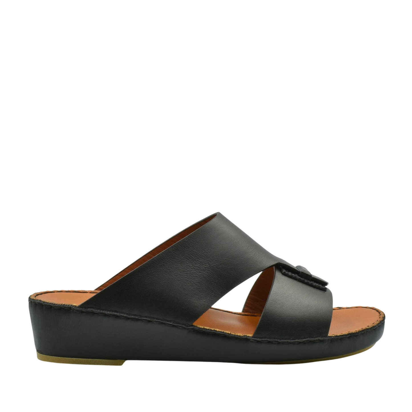 Black luxury leather sandals with open toe and cushioned sole from private collection