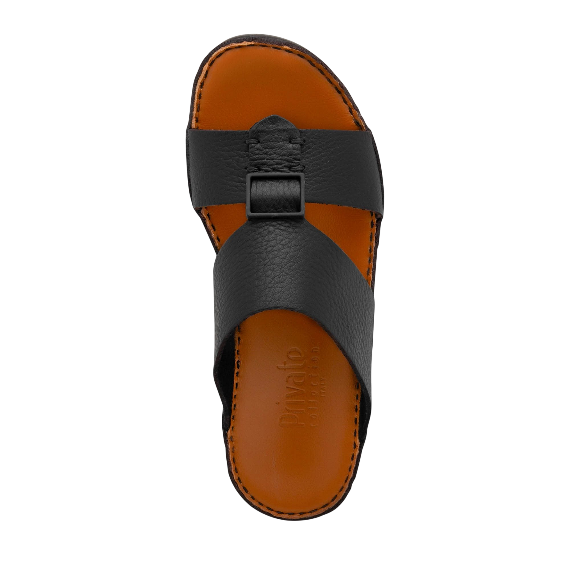 Black luxury leather sandals with wide straps and brown cushioned footbed from Private Collection
