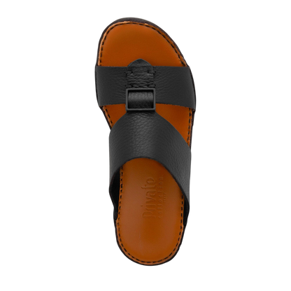 Black luxury leather sandals with wide straps and brown cushioned footbed from Private Collection