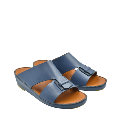 Blue luxury leather sandals with adjustable straps and cushioned footbed for comfortable wear