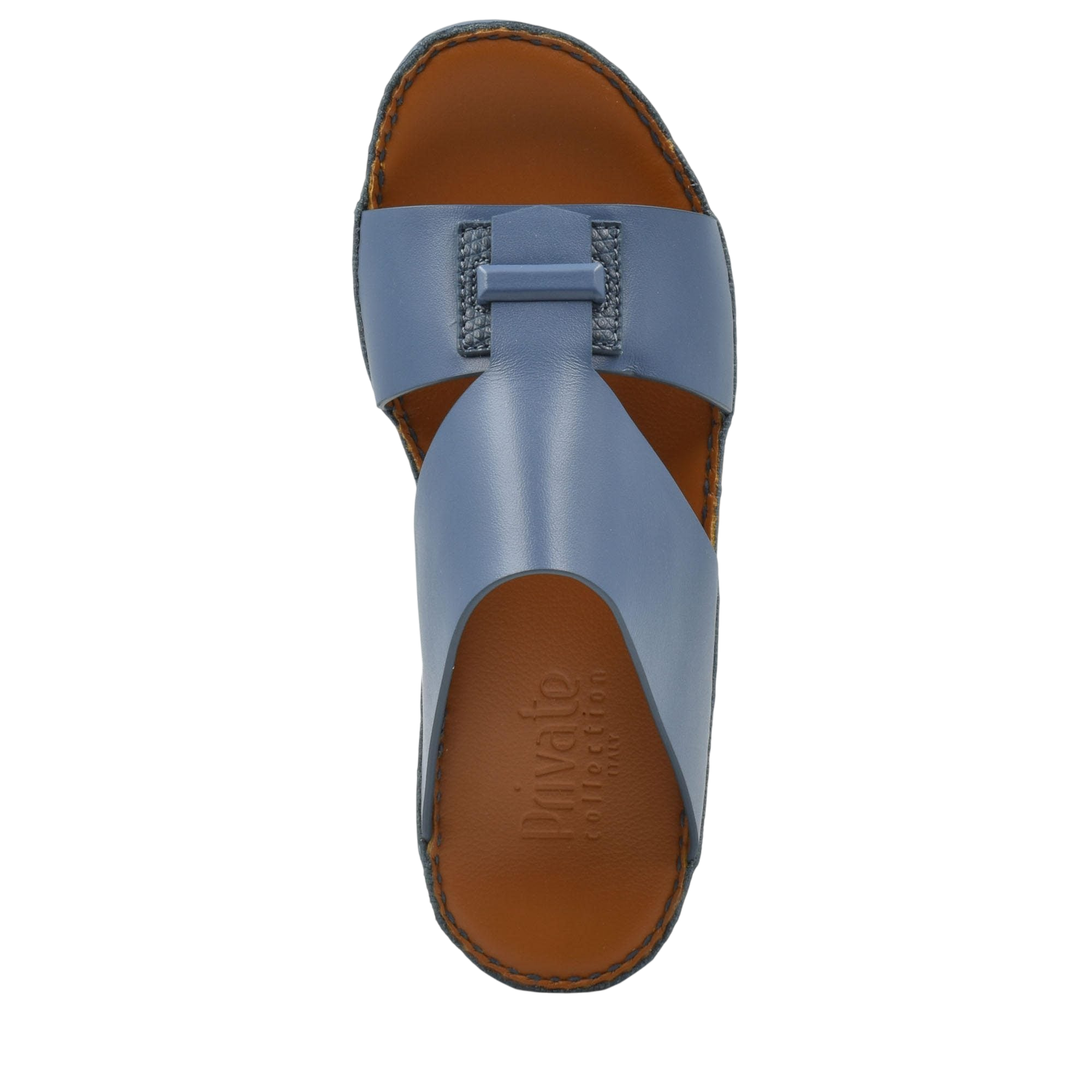 Top view of blue luxury leather sandals with stitched brown sole from Private Collection