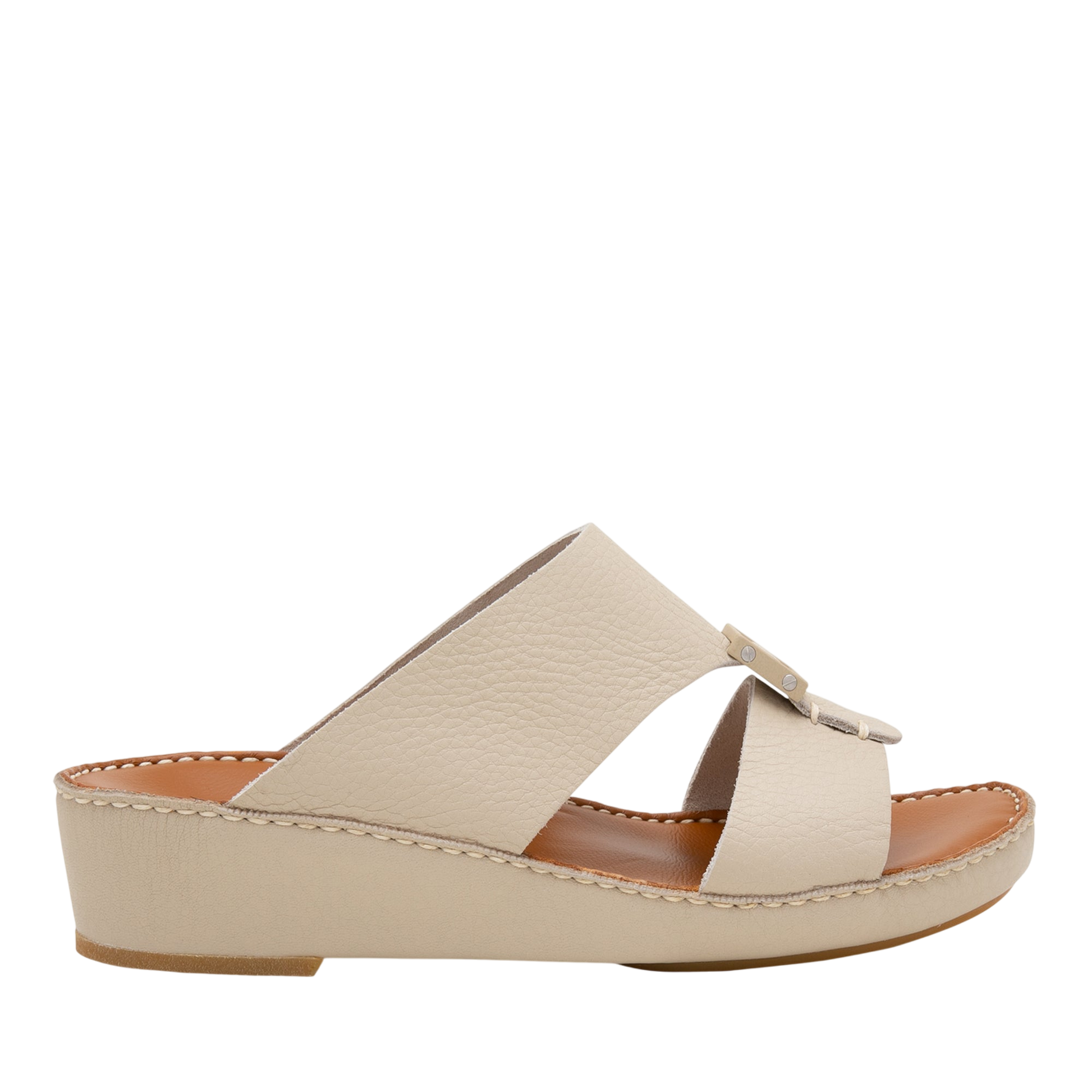 Beige luxury leather sandals with crisscross straps and low wedge heel from Private collection