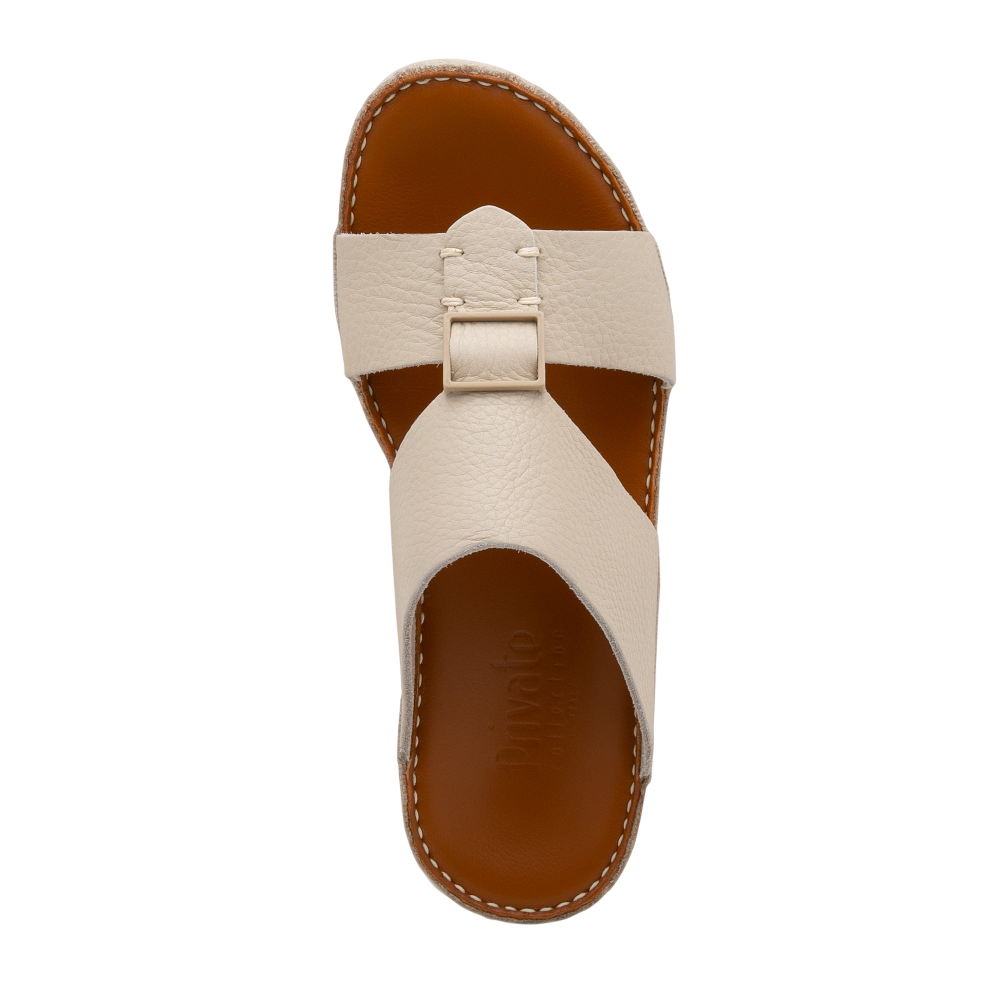 Beige luxury leather sandals with brown footbed and stitched detailing from Private Collection