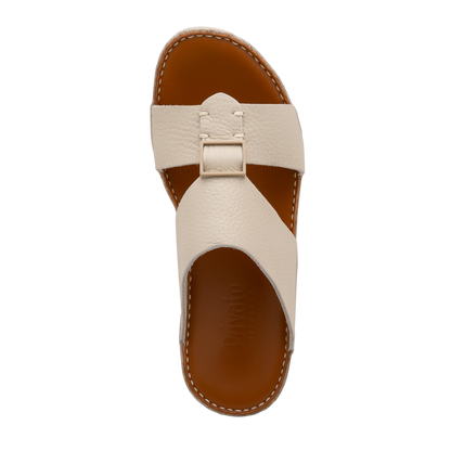 Beige luxury leather sandals with brown footbed and stitched detailing from Private Collection