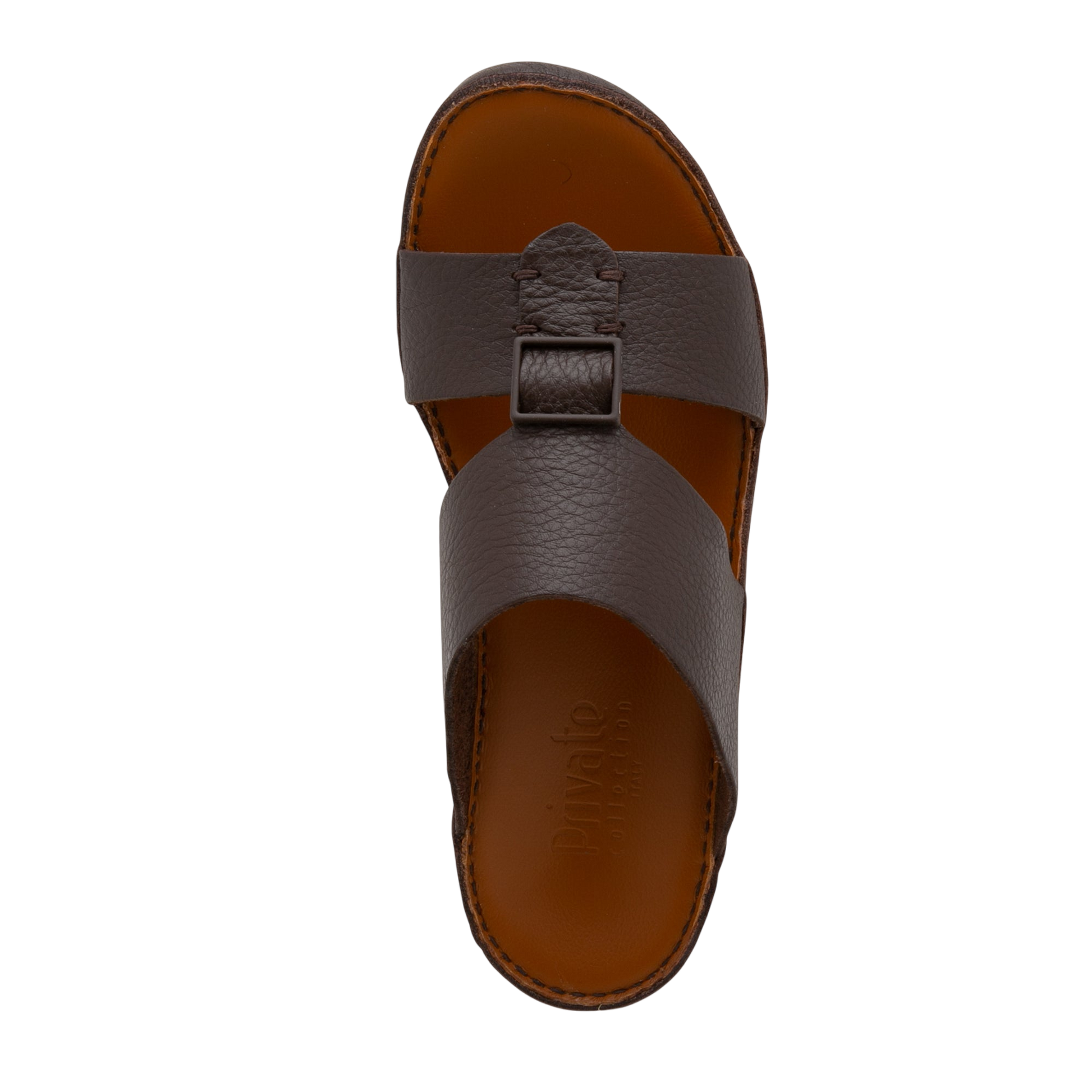 Top view of brown luxury leather sandals with adjustable buckle straps from Private Collection