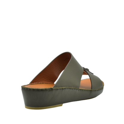 Olive green luxury leather sandals with open toe and stitched sole from private collection
