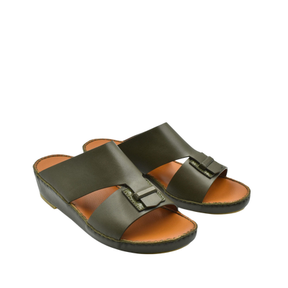 Pair of olive green luxury leather sandals with wide straps and buckle detail