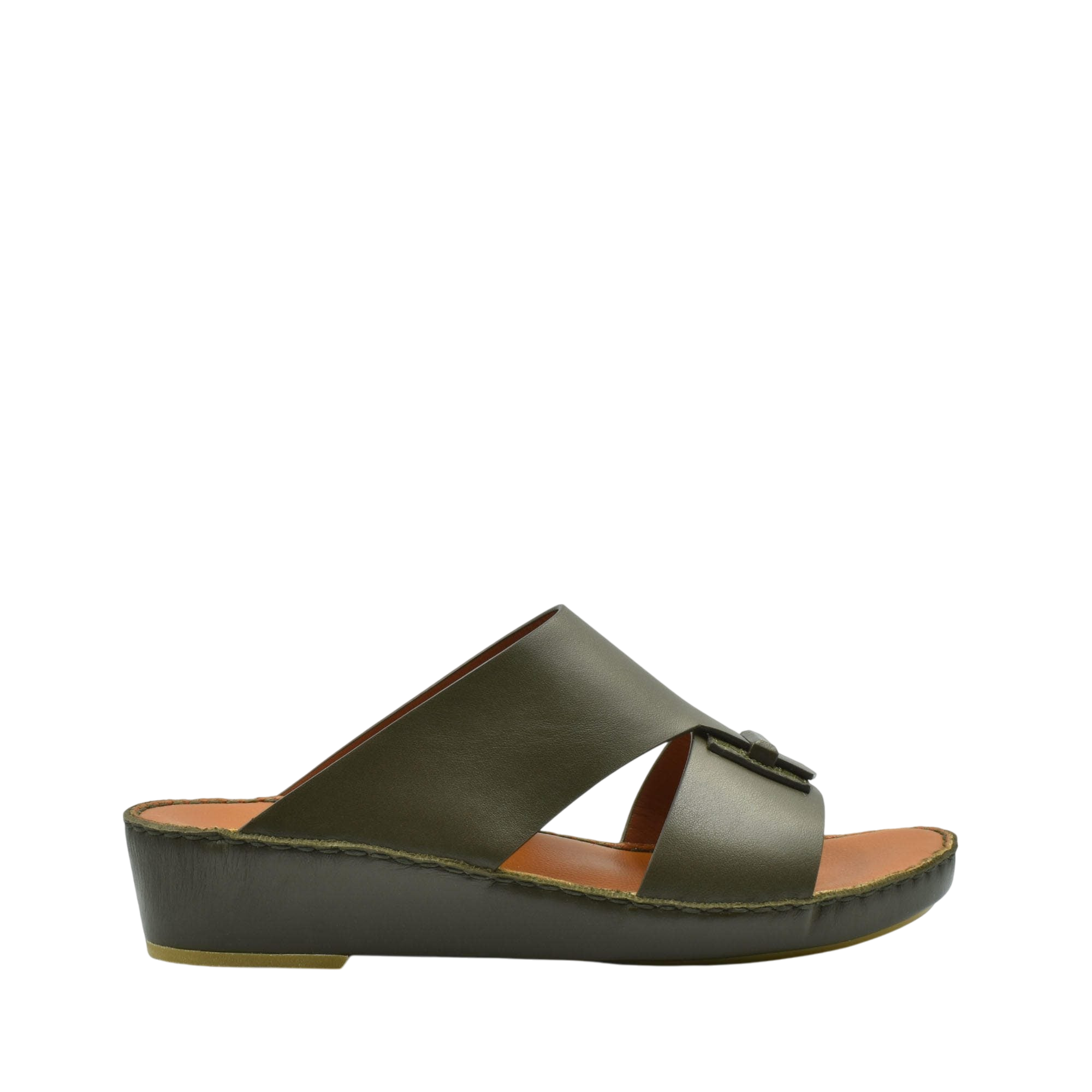 Olive green luxury leather sandals with open toe and cushioned sole from private collection