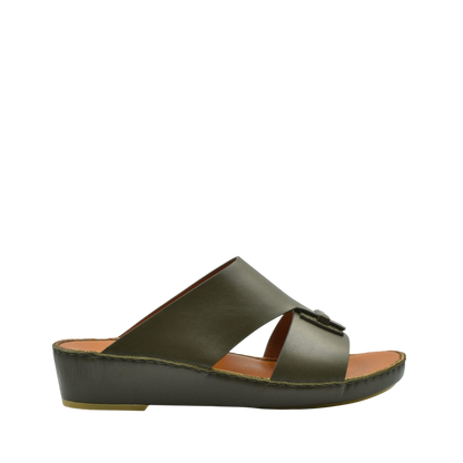 Olive green luxury leather sandals with open toe and cushioned sole from private collection