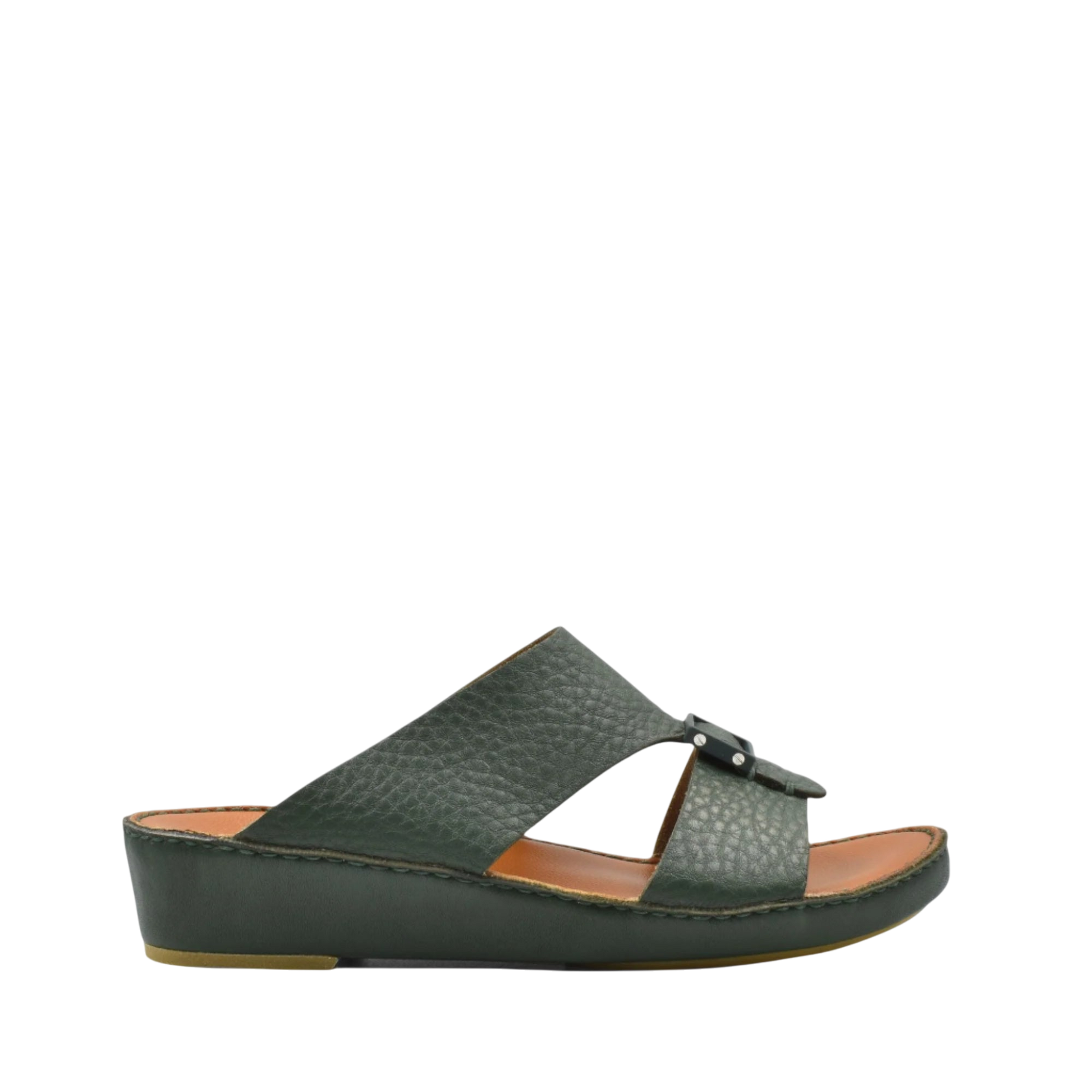 Side view of black luxury leather sandals with textured straps and comfortable wedge sole