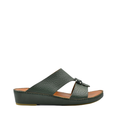 Side view of black luxury leather sandals with textured straps and comfortable wedge sole