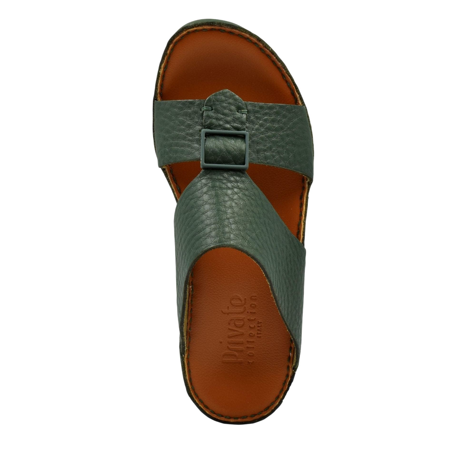 Green luxury leather sandals with adjustable buckle strap and brown cushioned footbed