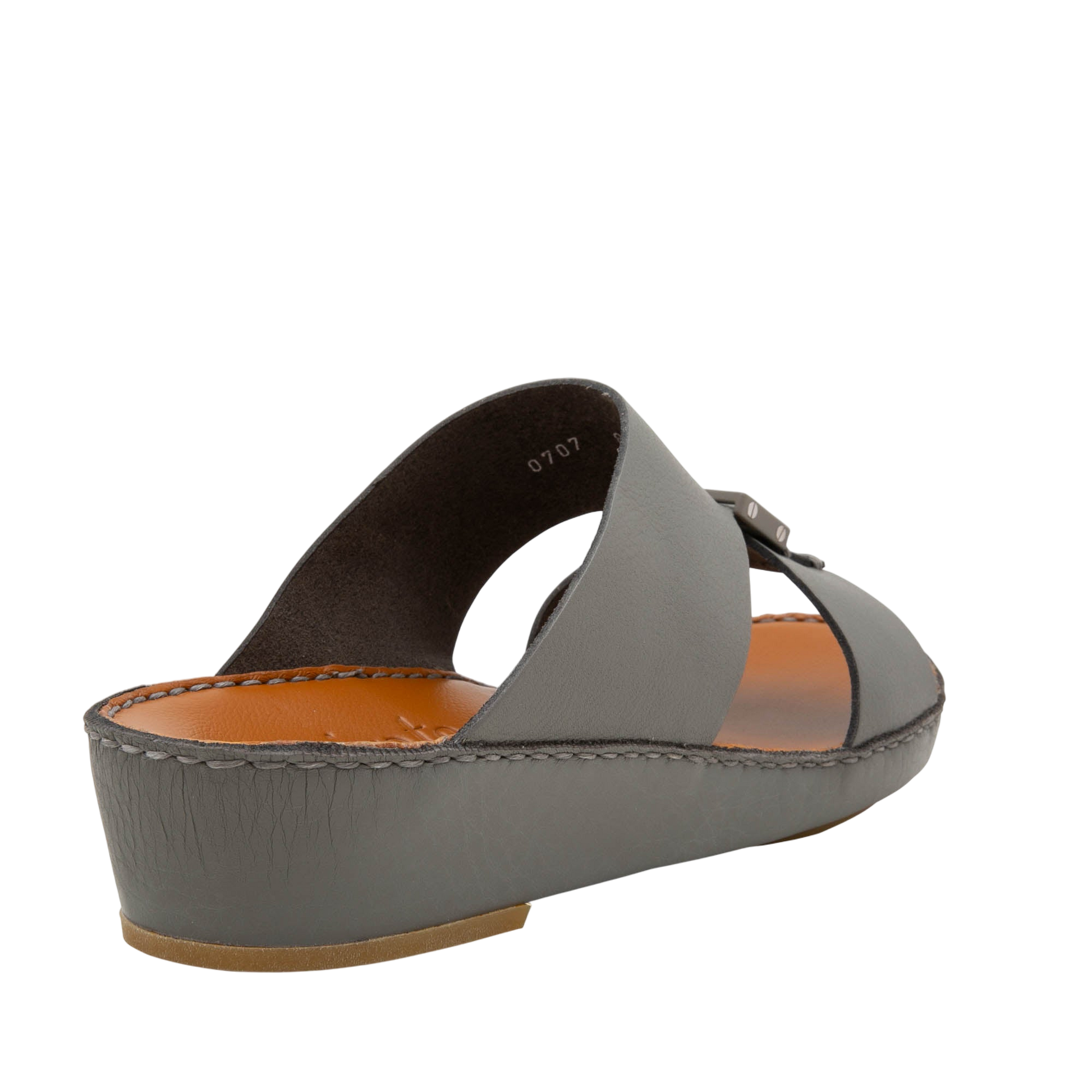 Gray luxury leather sandals with wedge sole and open toe from private collection
