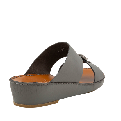 Gray luxury leather sandals with wedge sole and open toe from private collection