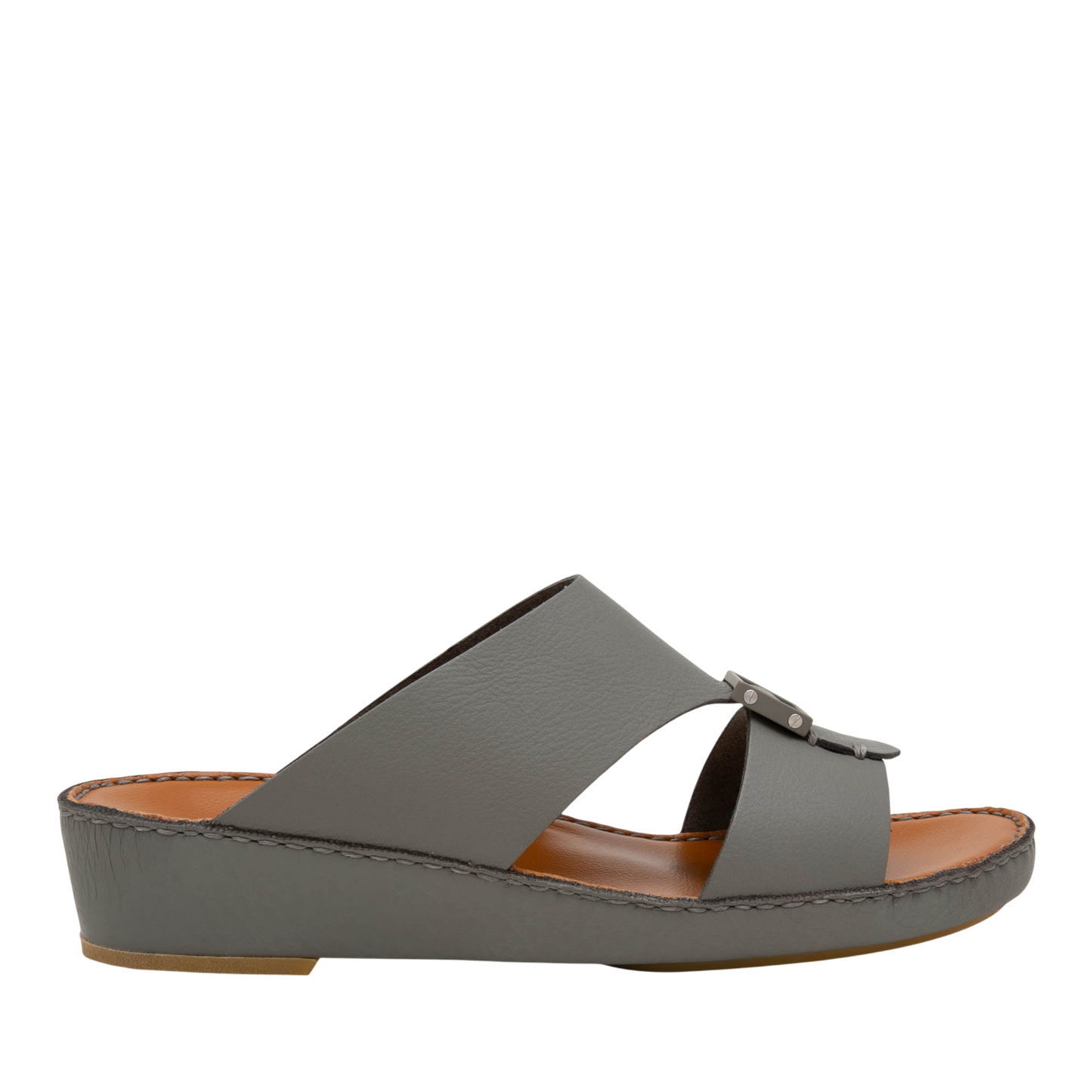 Gray slip-on luxury leather sandals with open toe and low wedge heel from private collection