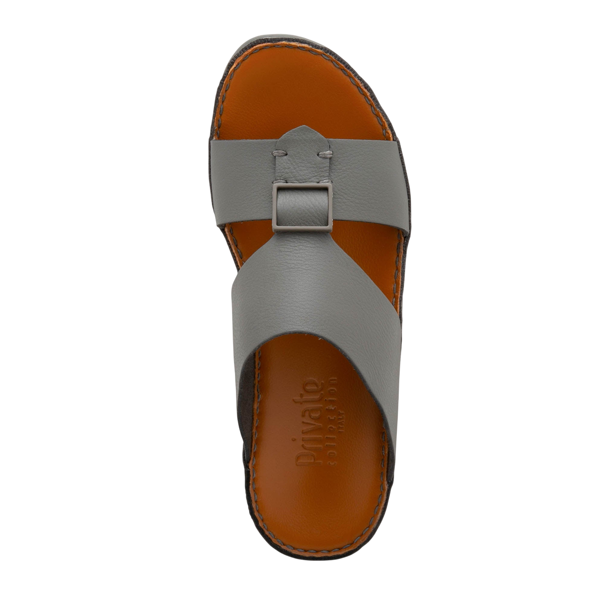 Grey luxury leather sandals with buckle detail and brown cushioned insole from Private Collection