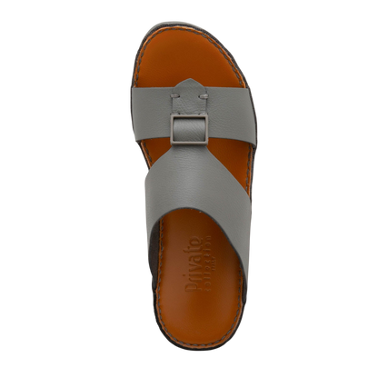 Grey luxury leather sandals with buckle detail and brown cushioned insole from Private Collection