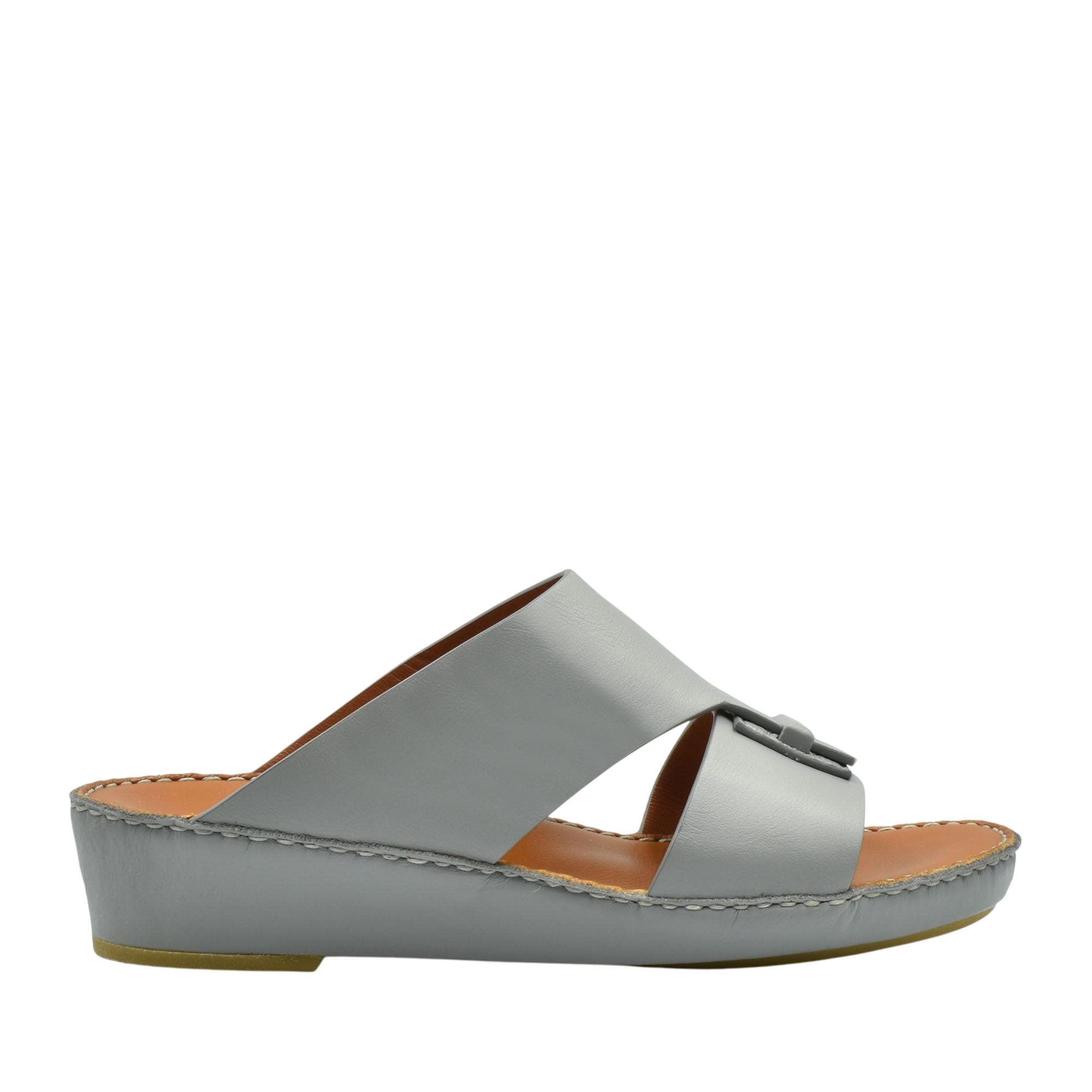 Gray luxury leather sandals with wide crisscross straps and cushioned sole for comfort