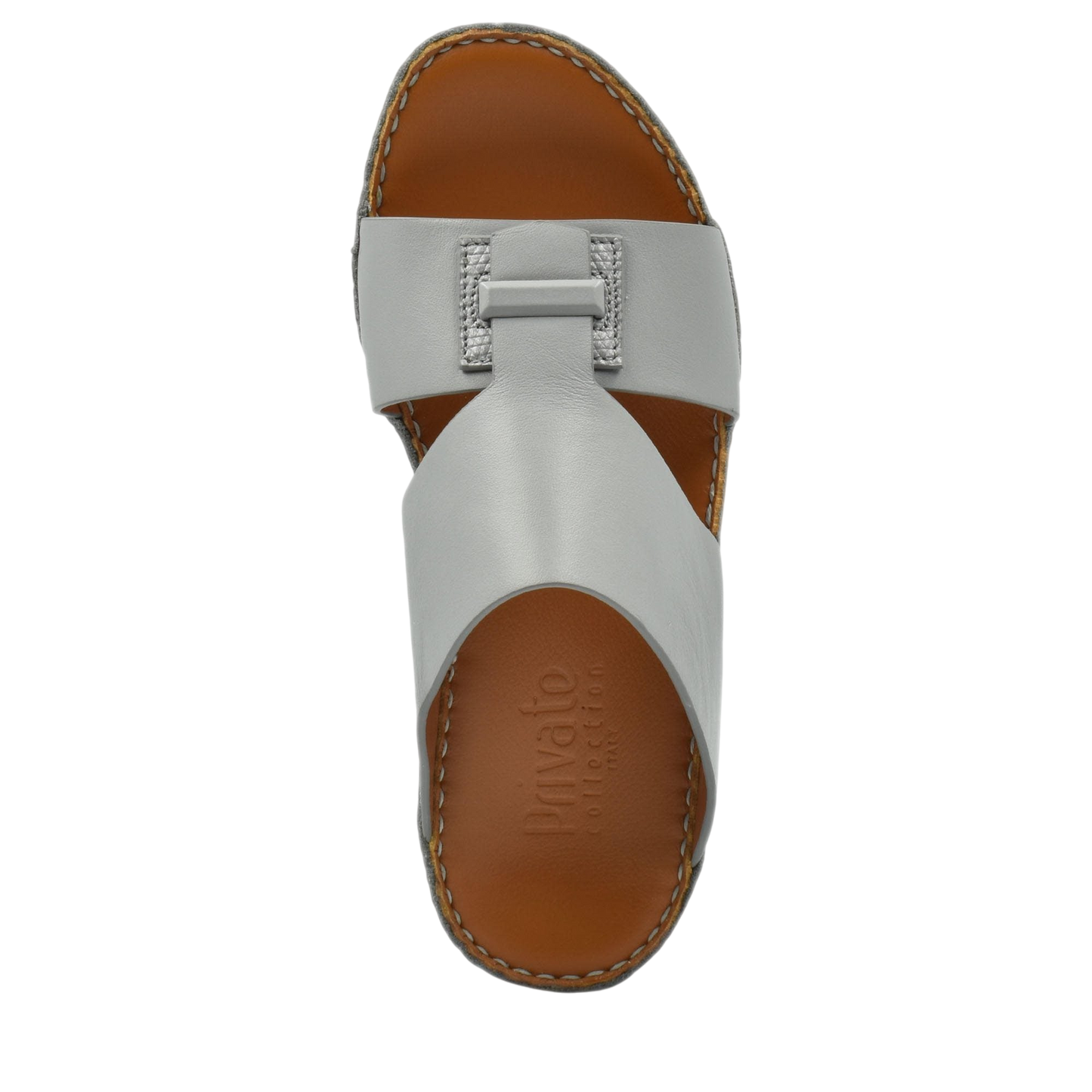 Top view of luxury leather sandals in white with brown cushioned sole by Private Collection