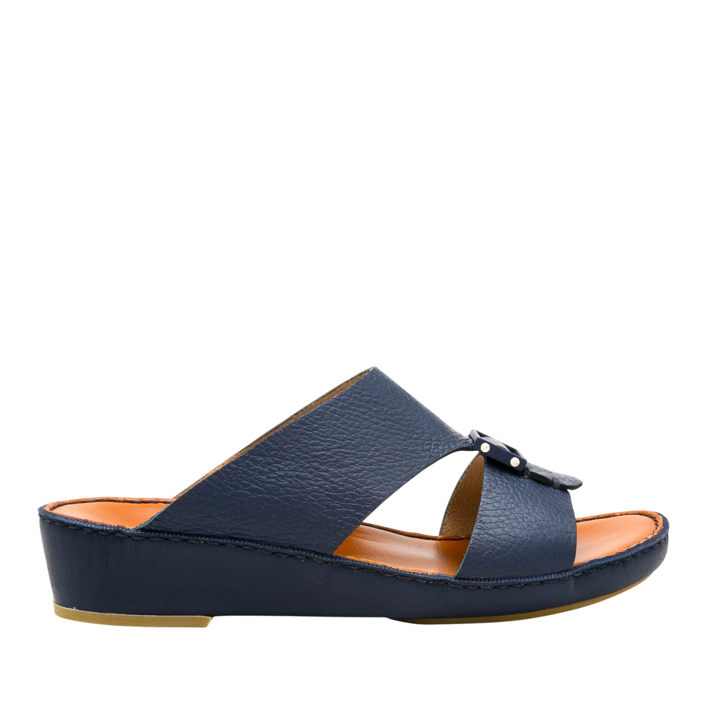 Side view of navy blue luxury leather sandals with cushioned sole from private collection