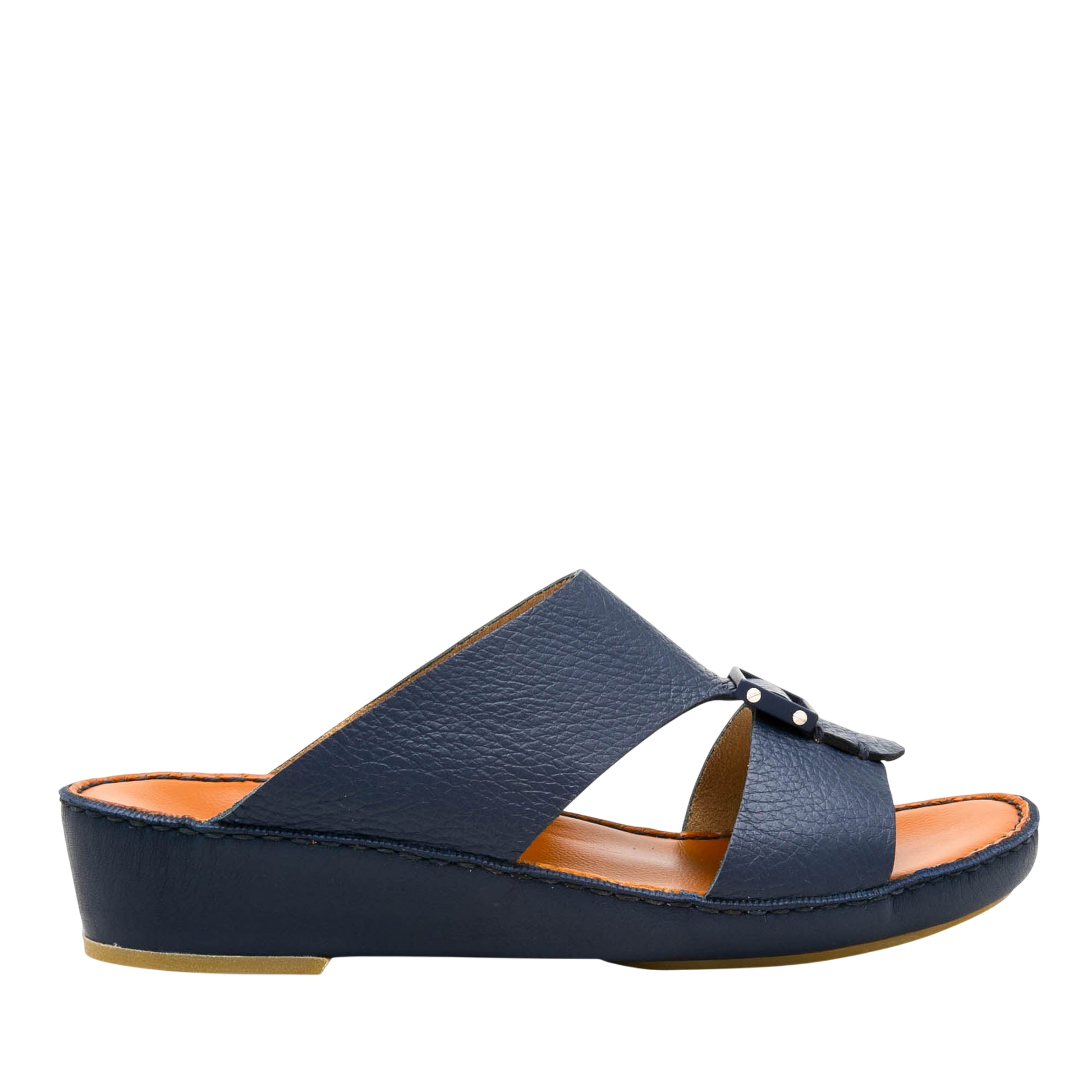 Side view of navy blue luxury leather sandals with cushioned sole from private collection