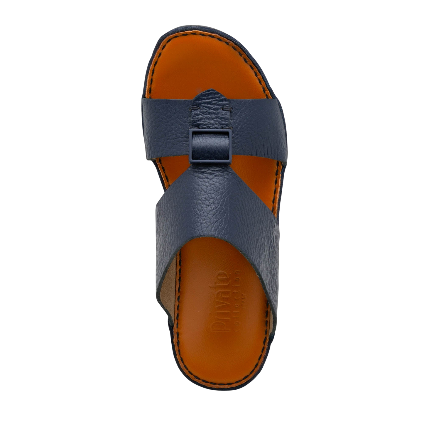 Top view of navy blue luxury leather sandals with orange footbed and stitched edges
