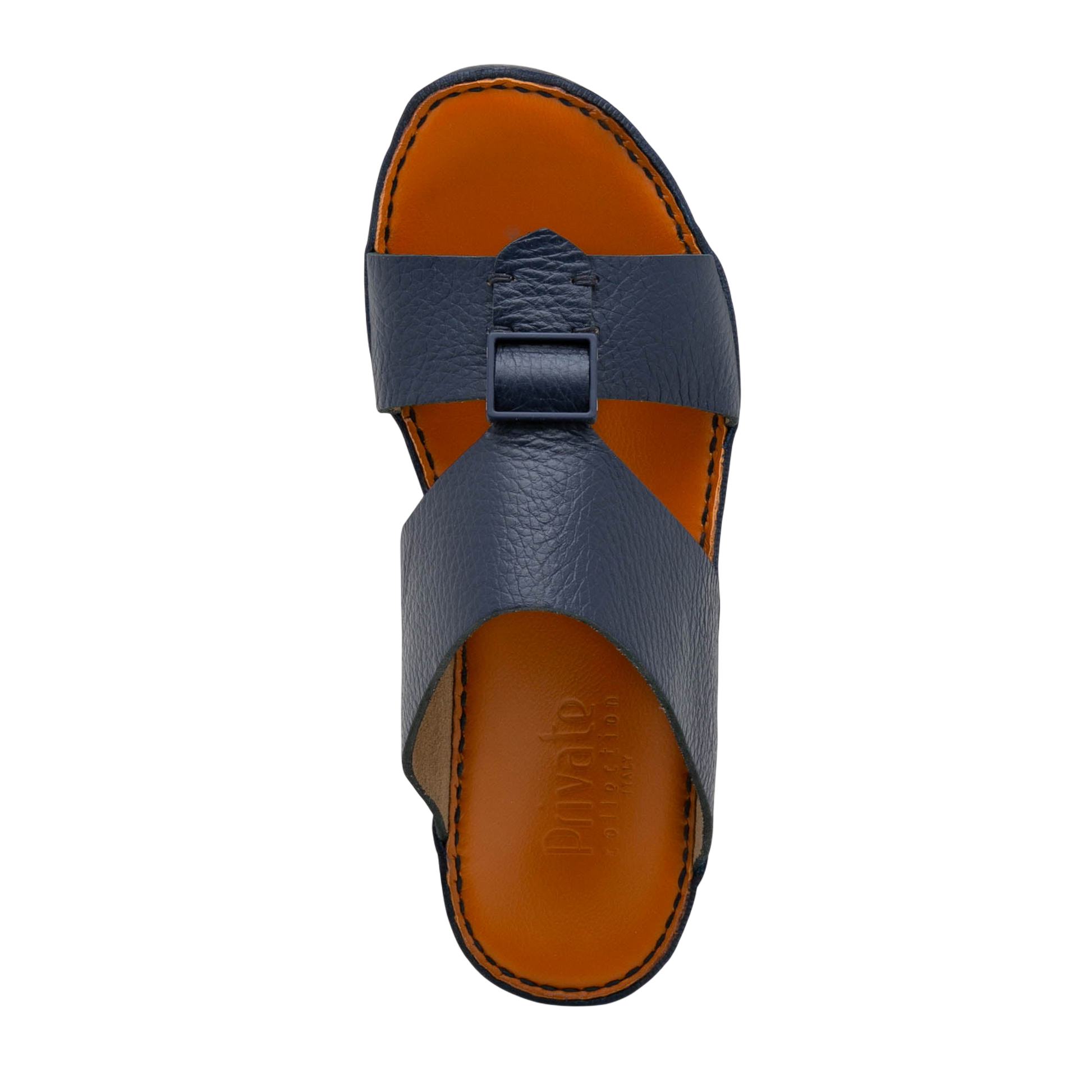 Top view of navy blue luxury leather sandals with orange footbed and stitched edges