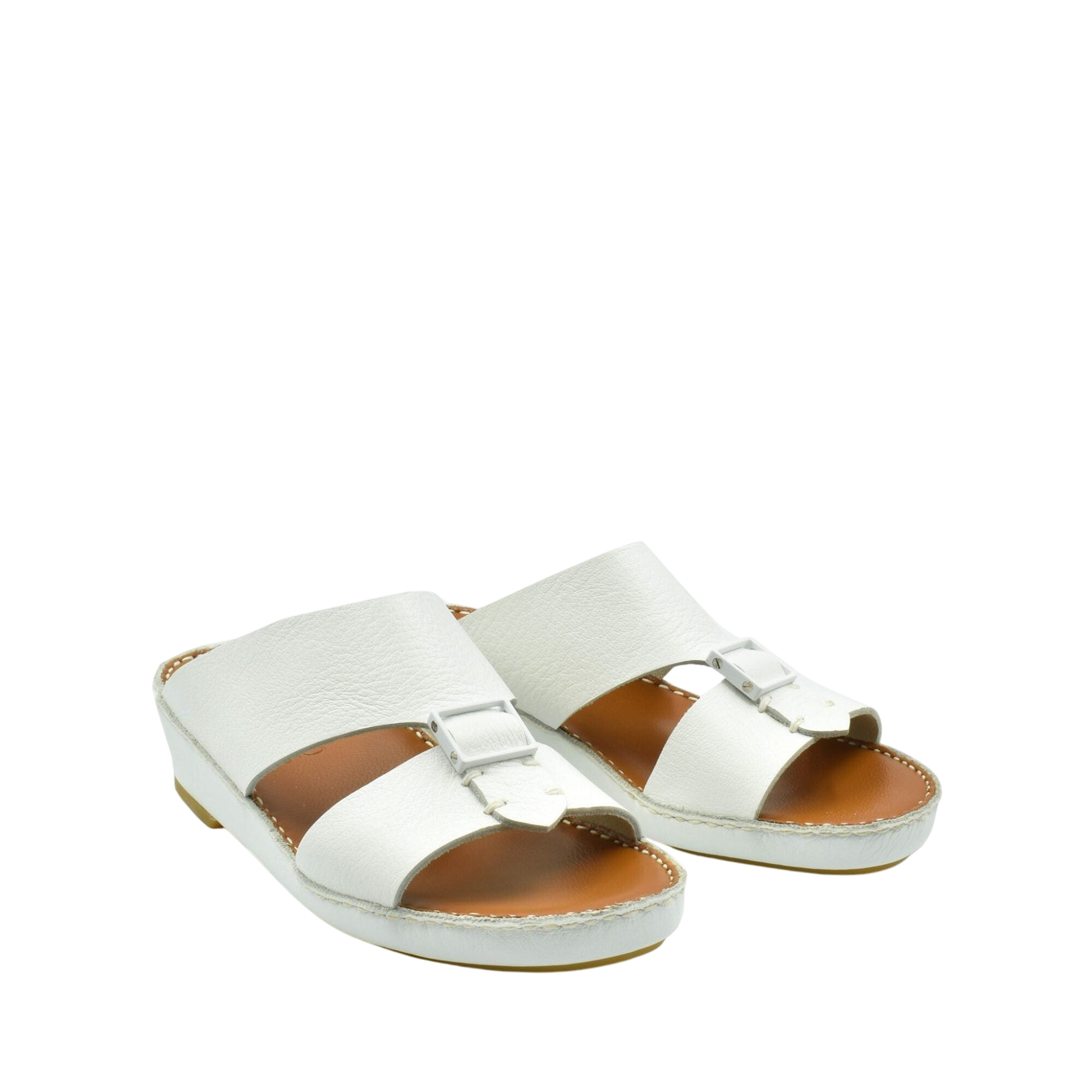 White luxury leather sandals with buckle detail and cushioned sole from private collection