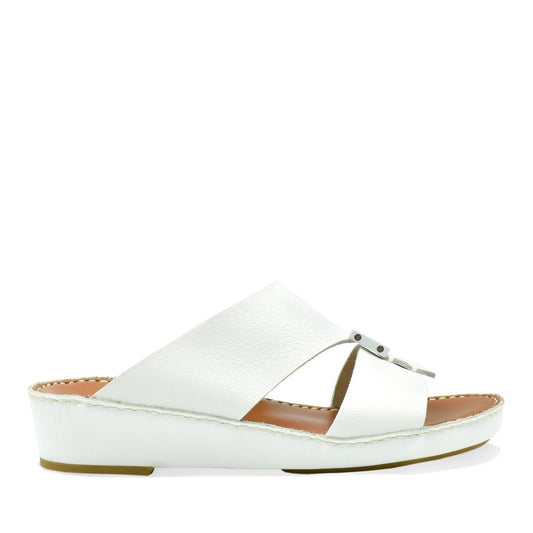White luxury leather sandals with adjustable buckle and cushioned sole from private collection