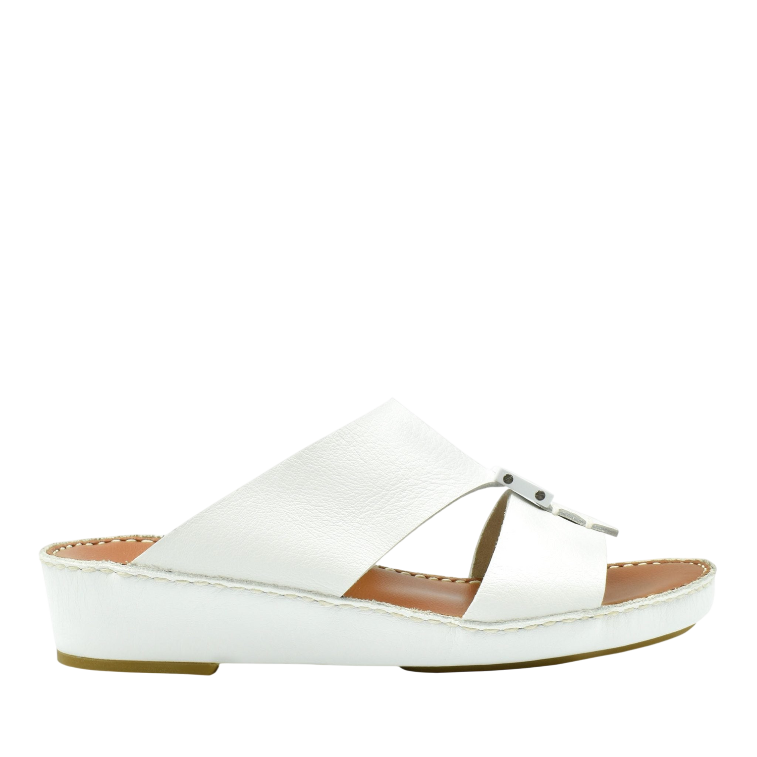 White luxury leather sandals with adjustable buckle and cushioned sole from private collection